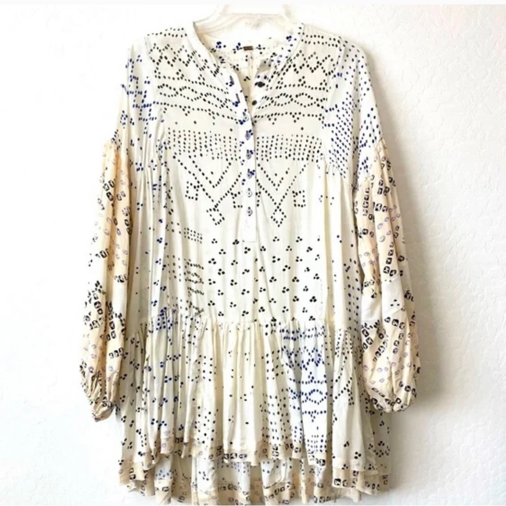 Free People Shibori Long Sleeve Cream Tunic Dress M